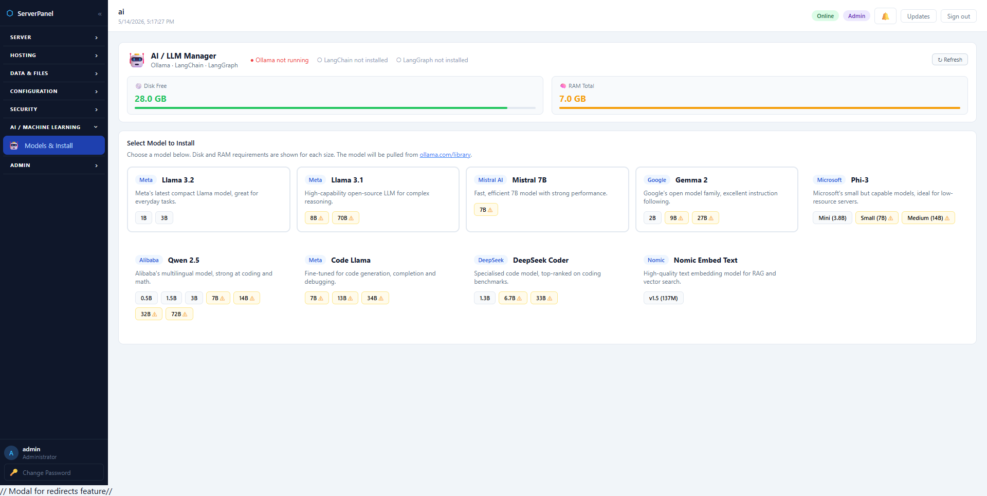 AI / LLM Manager — install and manage models