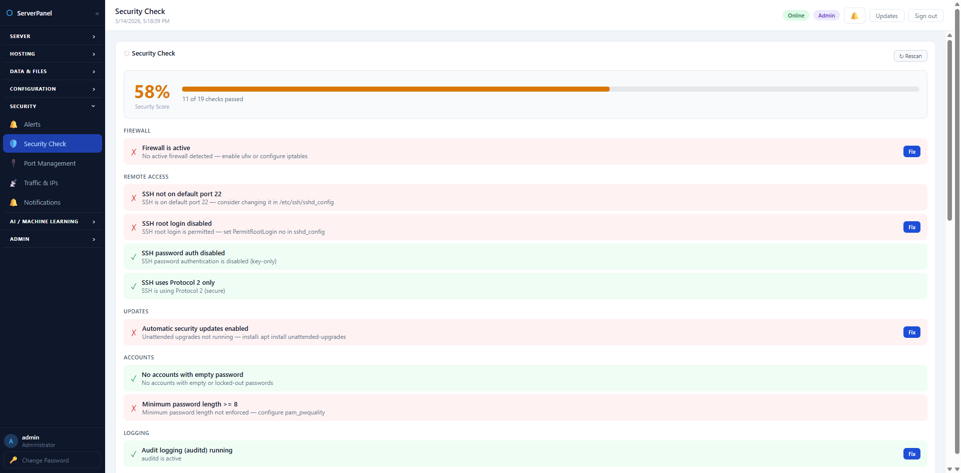 Security Check — server hardening score