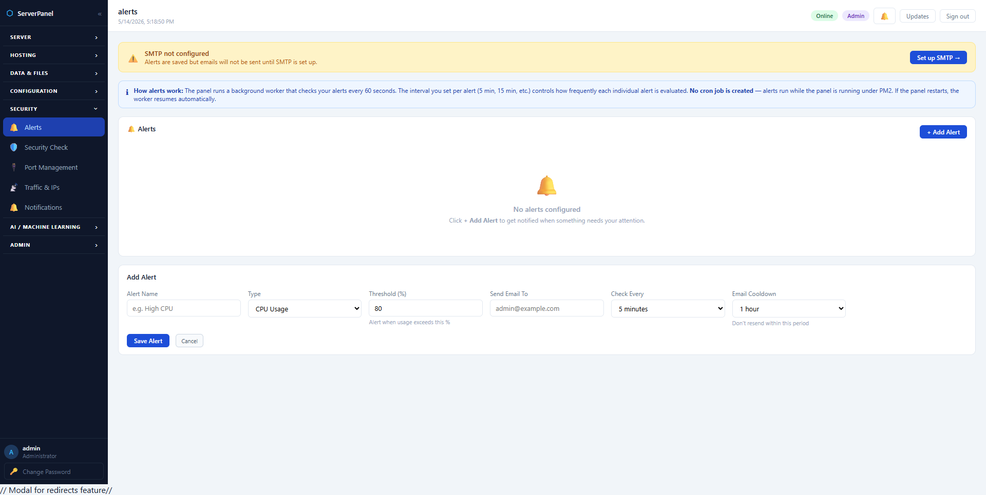Alerts — threshold-based notifications