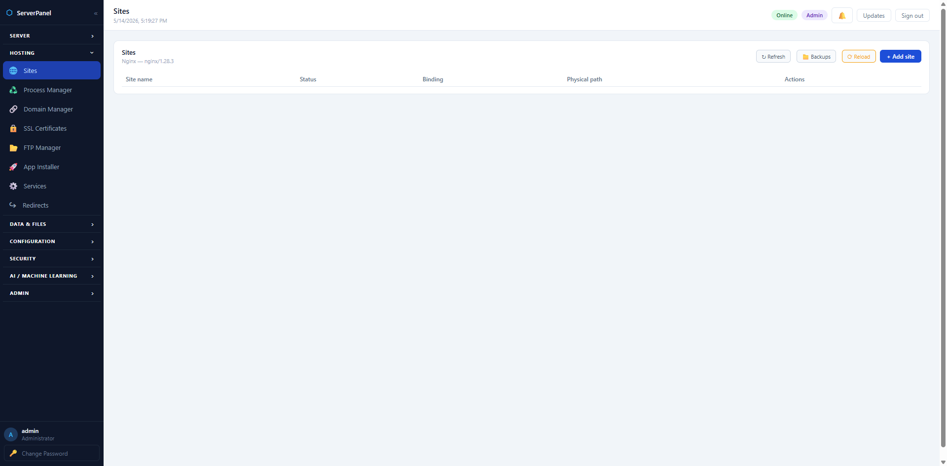 Sites — web hosting management