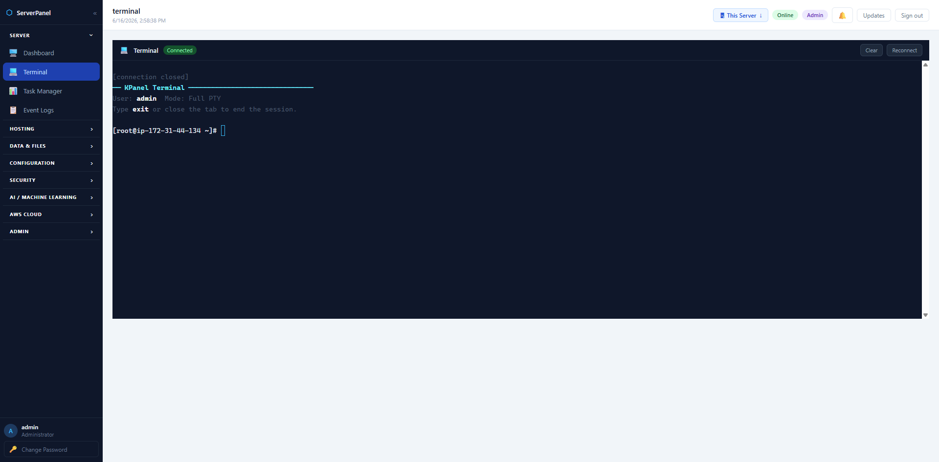 Terminal — full browser-based PTY shell