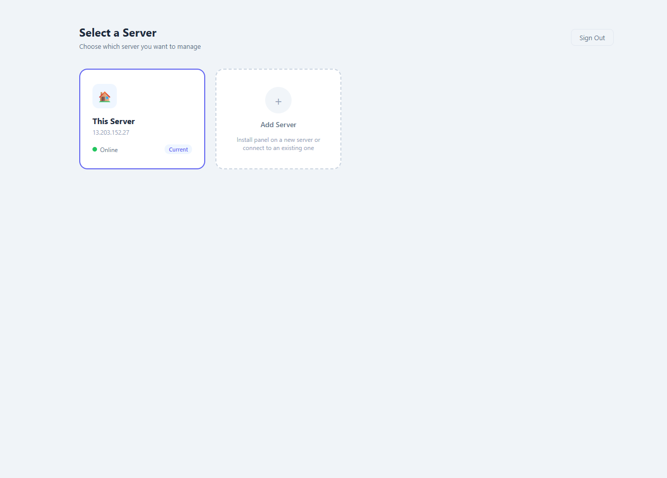 Select a Server — manage multiple servers from one panel