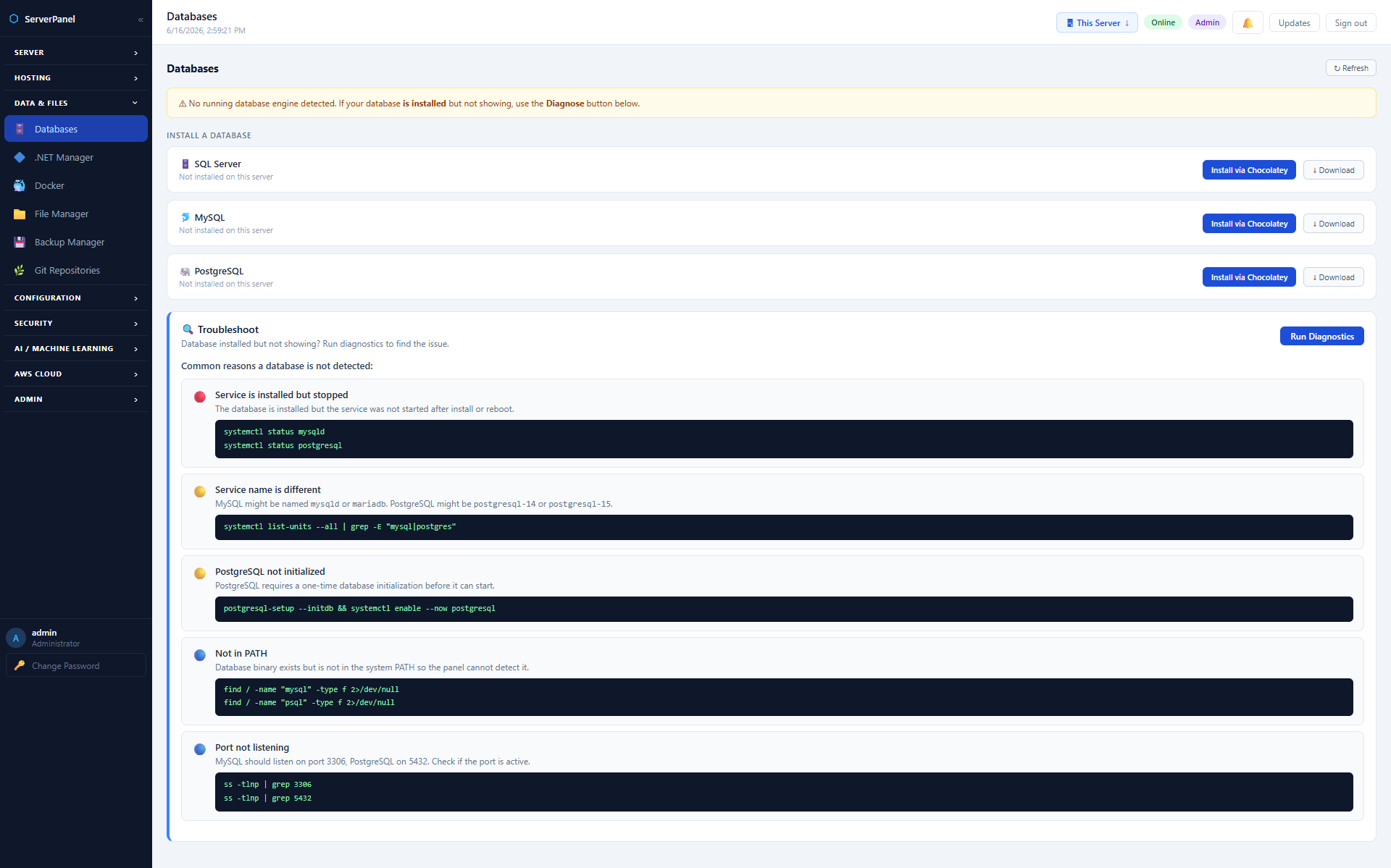 Databases — MySQL, PostgreSQL and SQL Server management