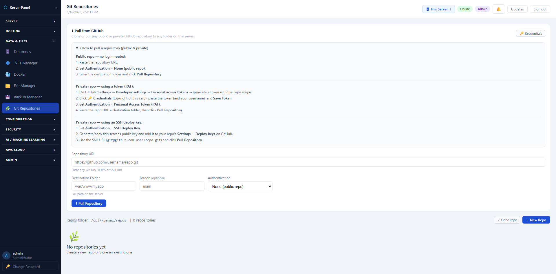 Git Repositories — pull and deploy from GitHub