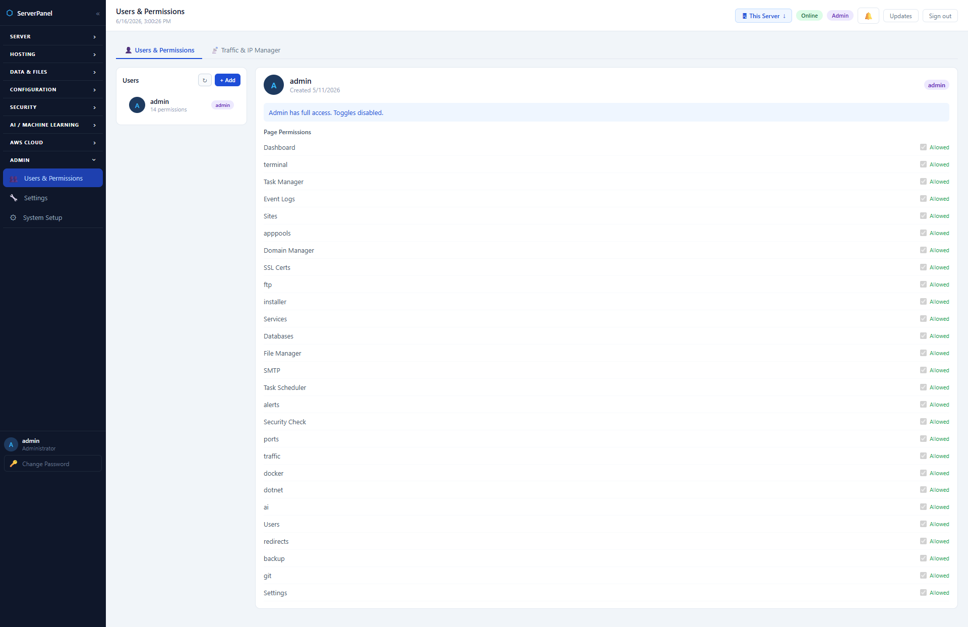 Users and Permissions — granular per-page access control