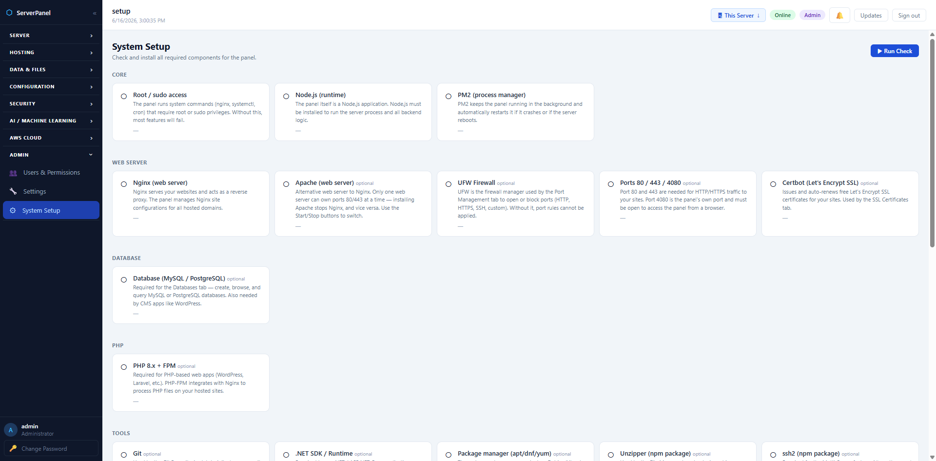 System Setup — one-click dependency installation